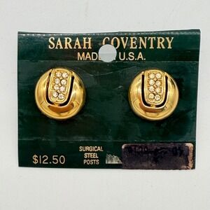 Vintage Sarah Coventry Gold Tone Rhinestone Stud Earrings NOS Carded USA